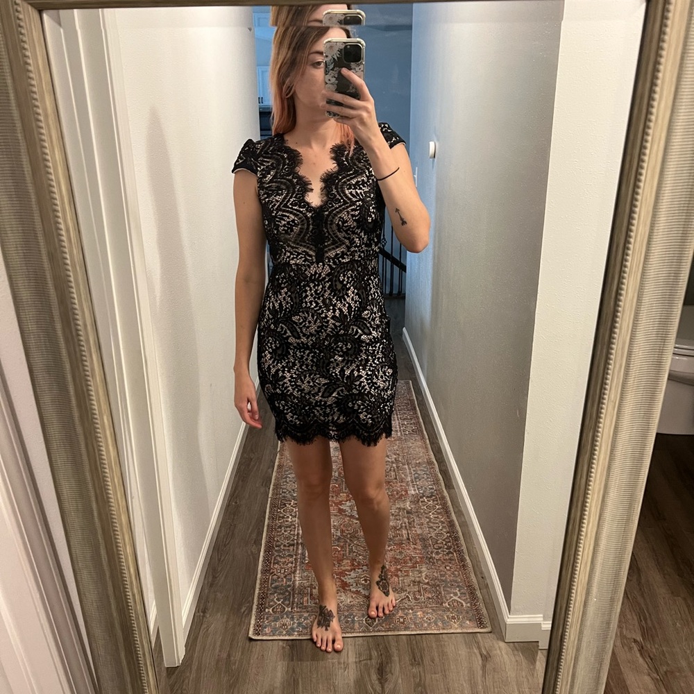 Mini lace open back cocktail dress